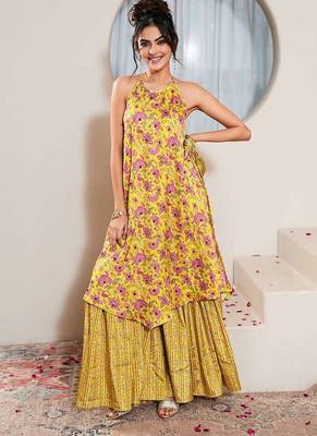 Yellow printed crepe gharara set 3