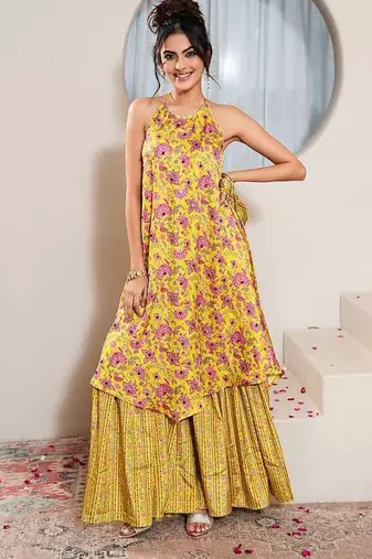 Yellow printed crepe gharara set