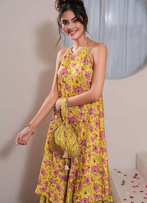Yellow printed crepe gharara set 4