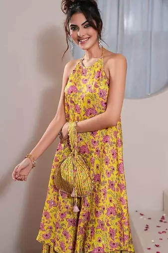 Yellow printed crepe gharara set