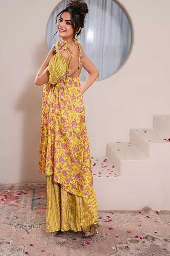 Yellow printed crepe gharara set
