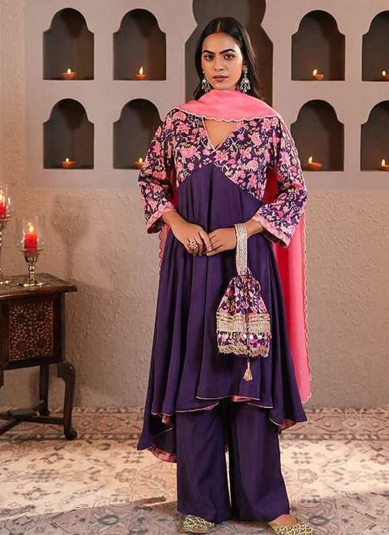 Purple printed crepe kurta set