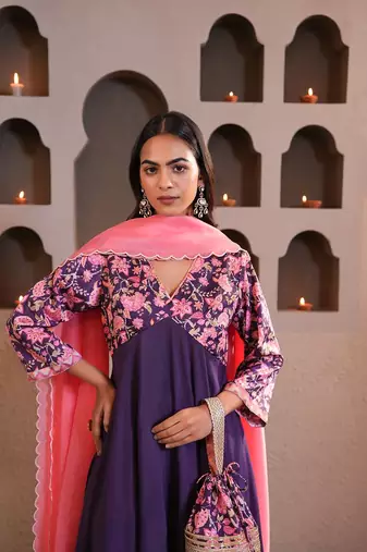 Purple printed crepe kurta set