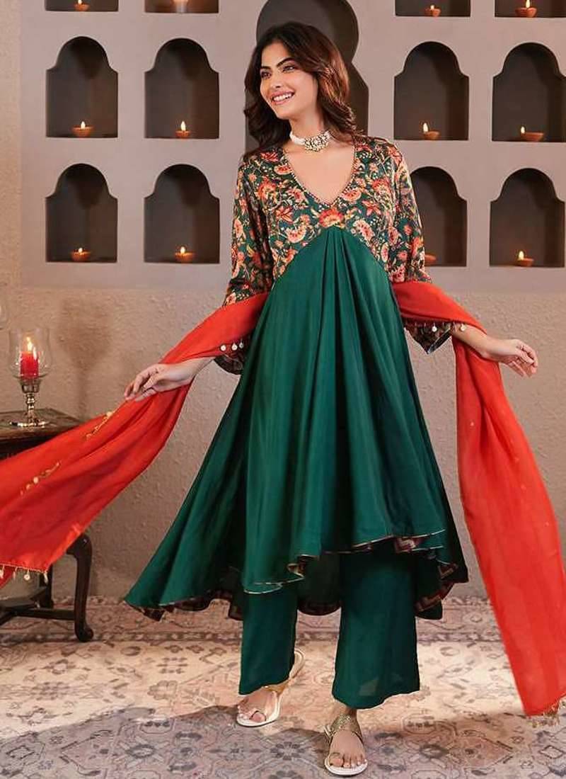 Green printed crepe kurta set