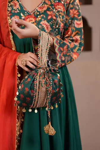 Green printed crepe kurta set