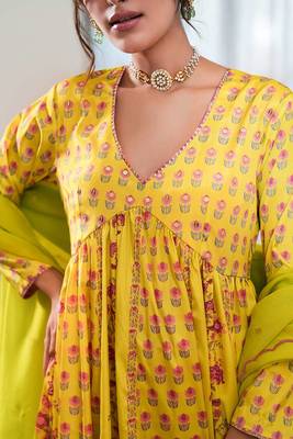 Yellow printed crepe anarkali set 2