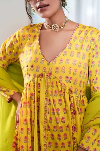 Yellow printed crepe anarkali set