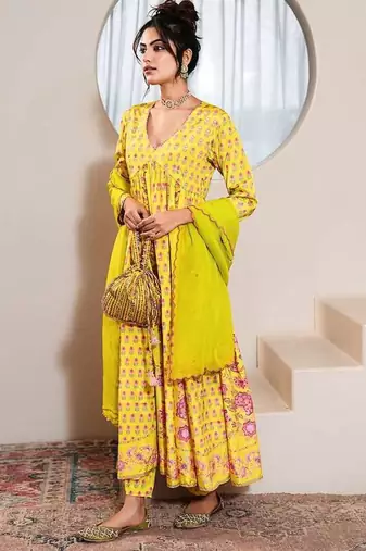 Yellow printed crepe anarkali set