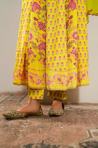 Yellow printed crepe anarkali set