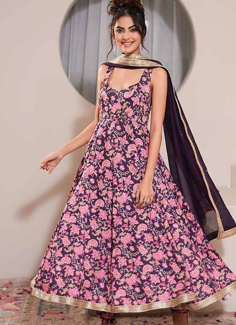 Purple printed crepe anarkali set