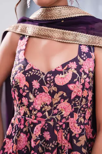 Purple printed crepe anarkali set
