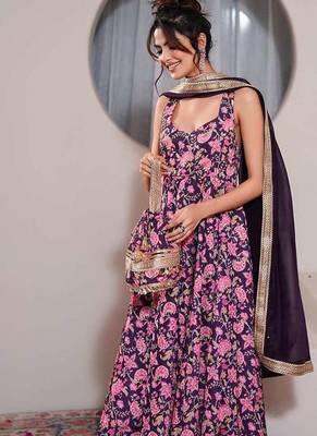 Purple printed crepe anarkali set 5