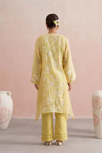 Yellow embroidered chanderi kurta set with dupatta