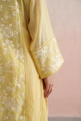 Yellow embroidered chanderi kurta set with dupatta