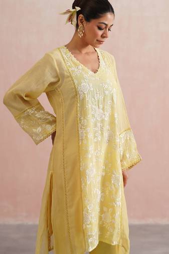 Yellow embroidered chanderi kurta set with dupatta