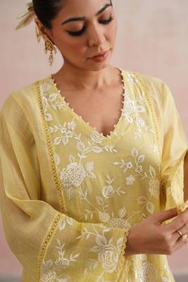 Yellow embroidered chanderi kurta set with dupatta 5