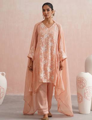 Peach embroidered chanderi kurta set with dupatta 1
