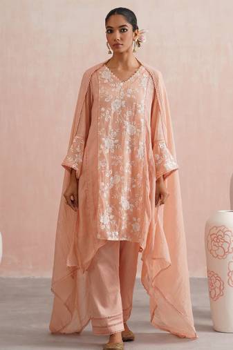 Peach embroidered chanderi kurta set with dupatta