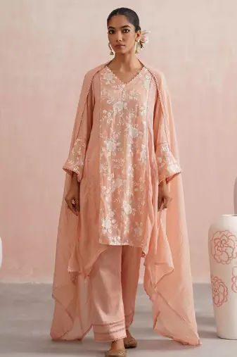 Peach embroidered chanderi kurta set with dupatta