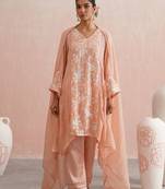 Peach embroidered chanderi kurta set with dupatta