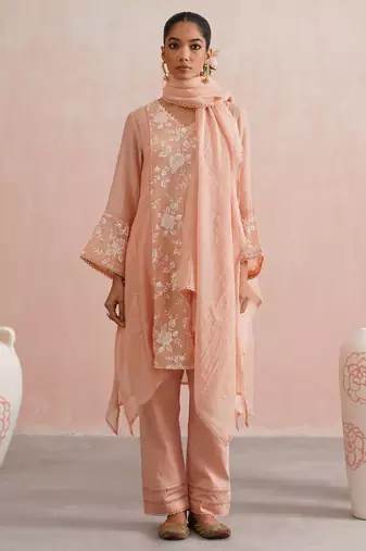 Peach embroidered chanderi kurta set with dupatta