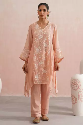 Peach embroidered chanderi kurta set with dupatta