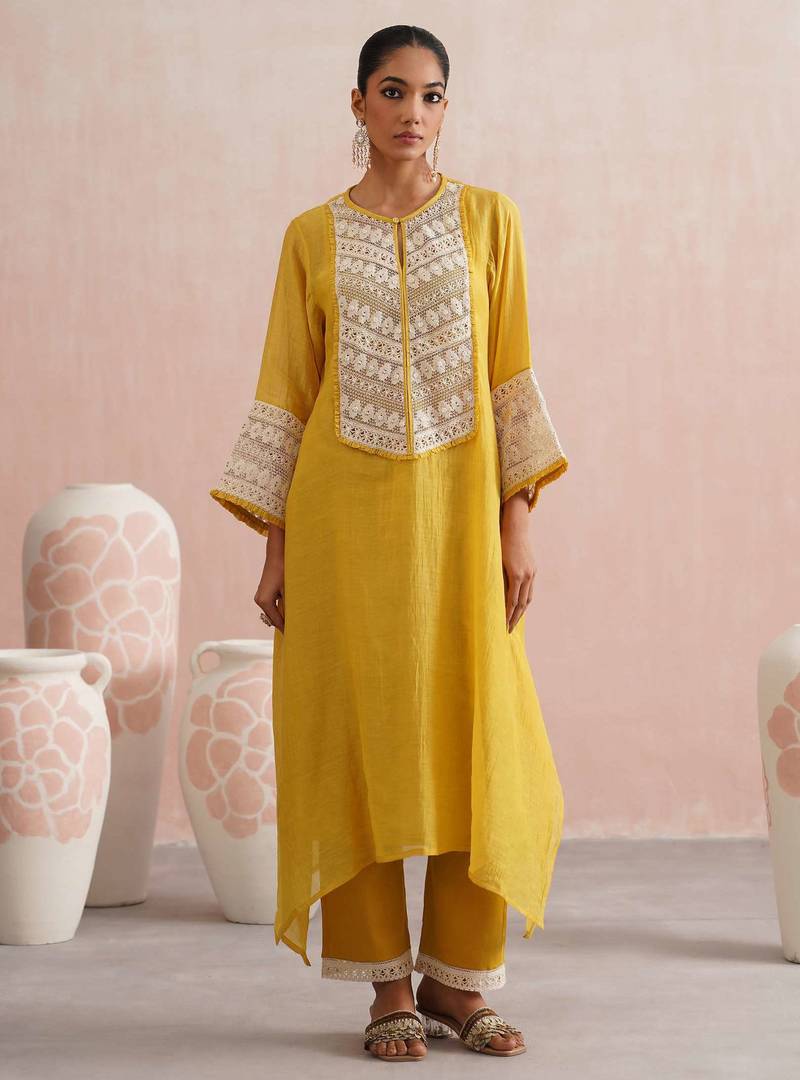 Yellow embroidered chanderi kurta set with dupatta