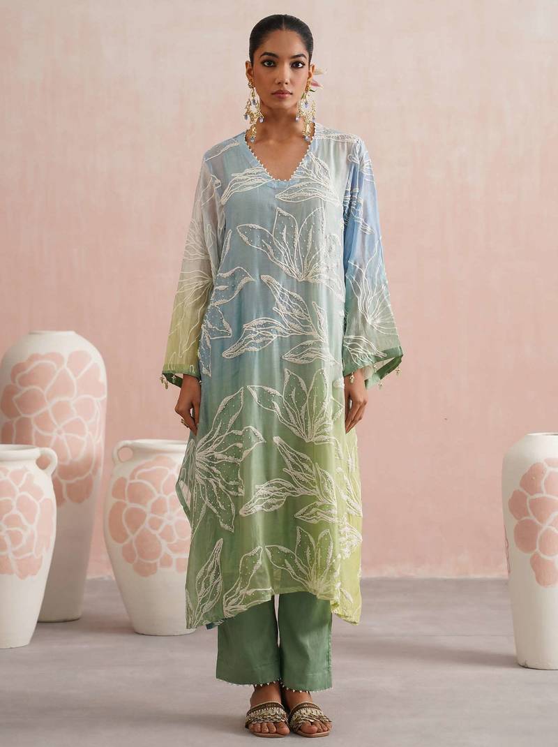 Multicolor embroidered chanderi kurta set with dupatta