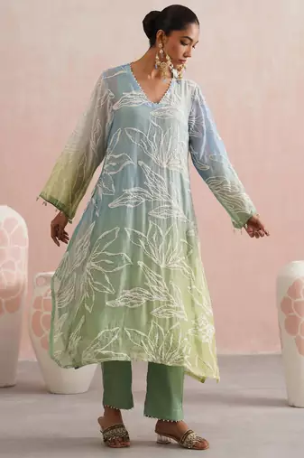 Multicolor embroidered chanderi kurta set with dupatta