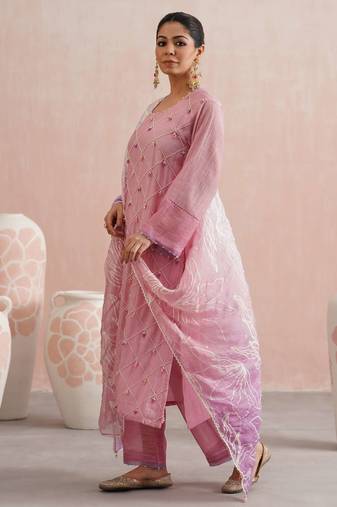 Pink embroidered chanderi kurta set with dupatta