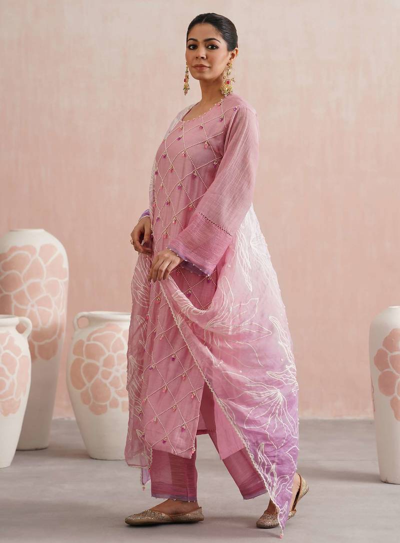 Pink embroidered chanderi kurta set with dupatta