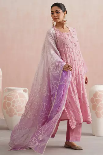 Pink embroidered chanderi kurta set with dupatta