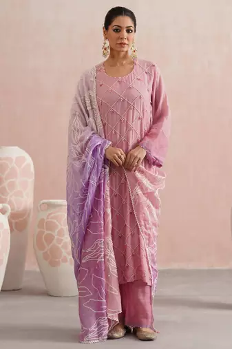 Pink embroidered chanderi kurta set with dupatta