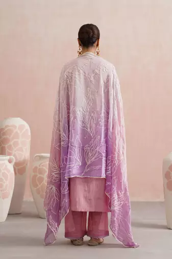 Pink embroidered chanderi kurta set with dupatta