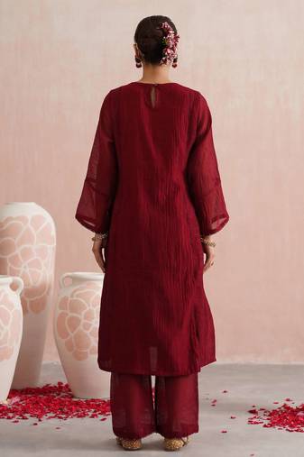 Maroon embroidered chanderi kurta set with dupatta