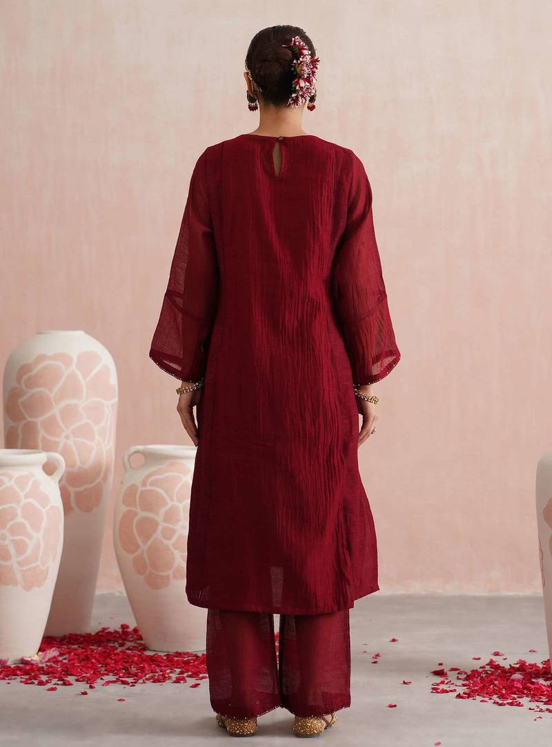 Maroon embroidered chanderi kurta set with dupatta