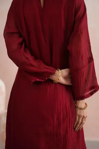 Maroon embroidered chanderi kurta set with dupatta