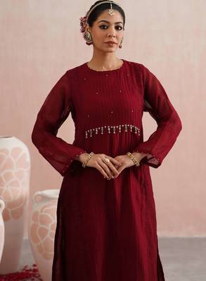 Maroon embroidered chanderi kurta set with dupatta 1