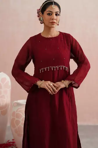Maroon embroidered chanderi kurta set with dupatta