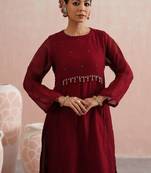 Maroon embroidered chanderi kurta set with dupatta