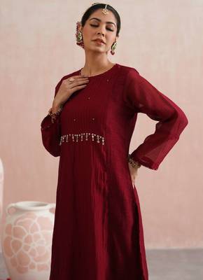 Maroon embroidered chanderi kurta set with dupatta 4