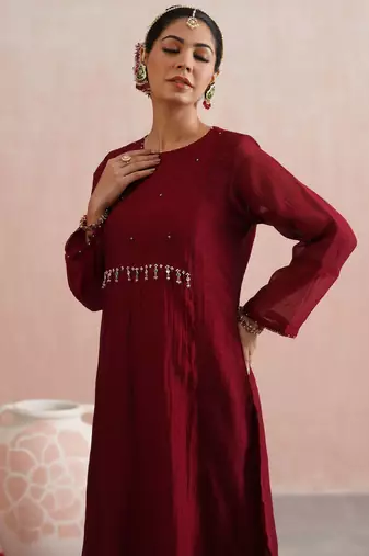Maroon embroidered chanderi kurta set with dupatta