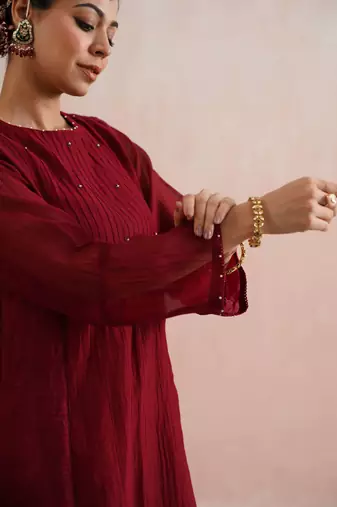 Maroon embroidered chanderi kurta set with dupatta
