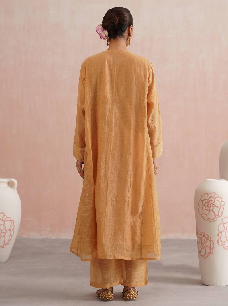 Peach embroidered chanderi kurta set with dupatta