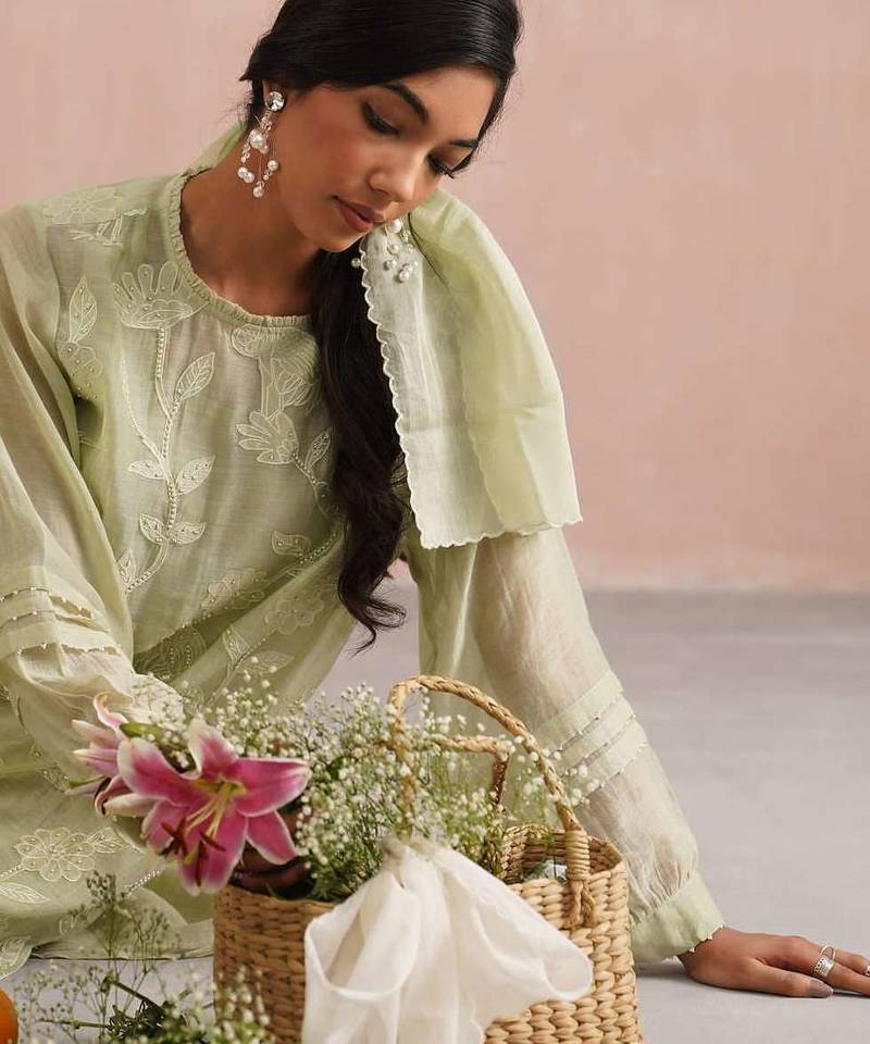 Green embroidered chanderi kurta set