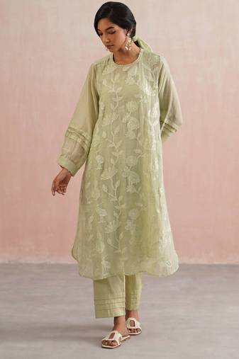 Green embroidered chanderi kurta set