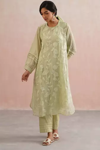 Green embroidered chanderi kurta set