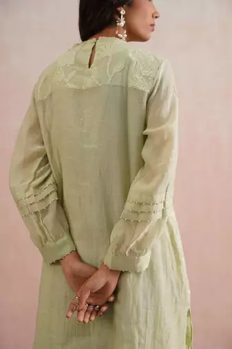 Green embroidered chanderi kurta set