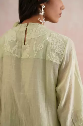 Green embroidered chanderi kurta set