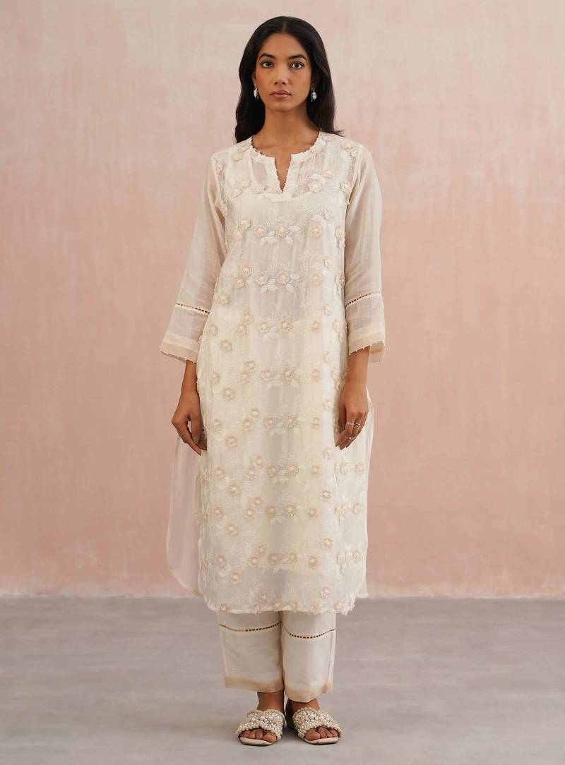White embroidered chanderi kurta set